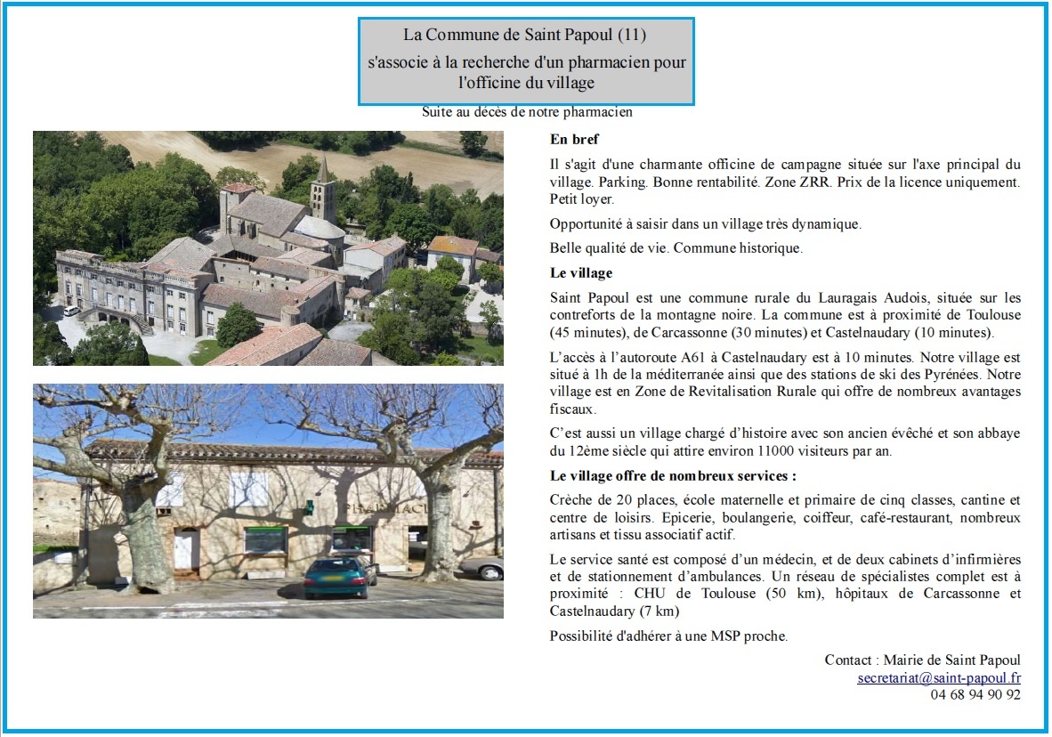 Annonce Pharmacie St Papoul Annonce recherche pharmacien Saint Papoul