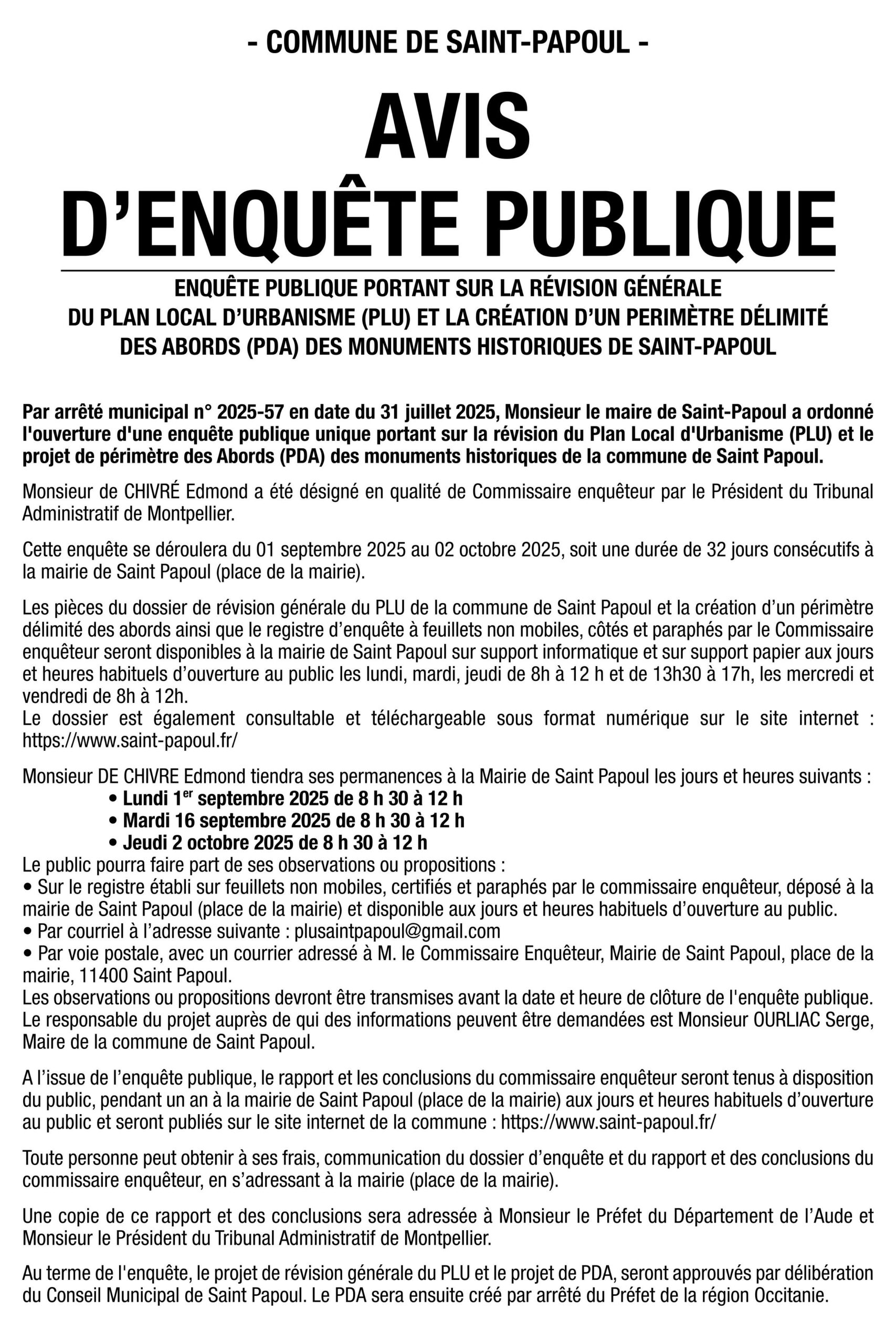 Avis d'enquête publique - Révision PLU et création PDA - Saint-Papoul 2025<br />
